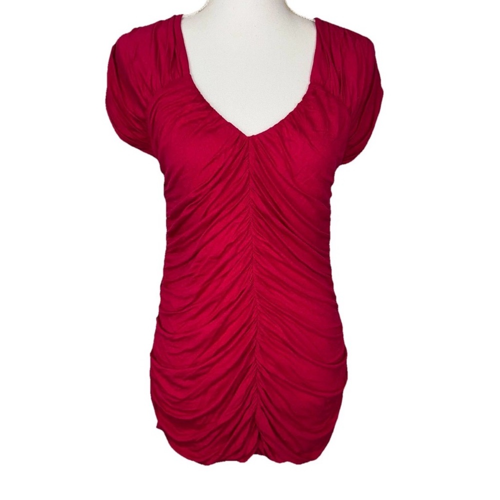 EXPRESS Womens Medium Pink Top Shirt Draped Ruching Cap Sleeves Chic Y2K V-Neck
